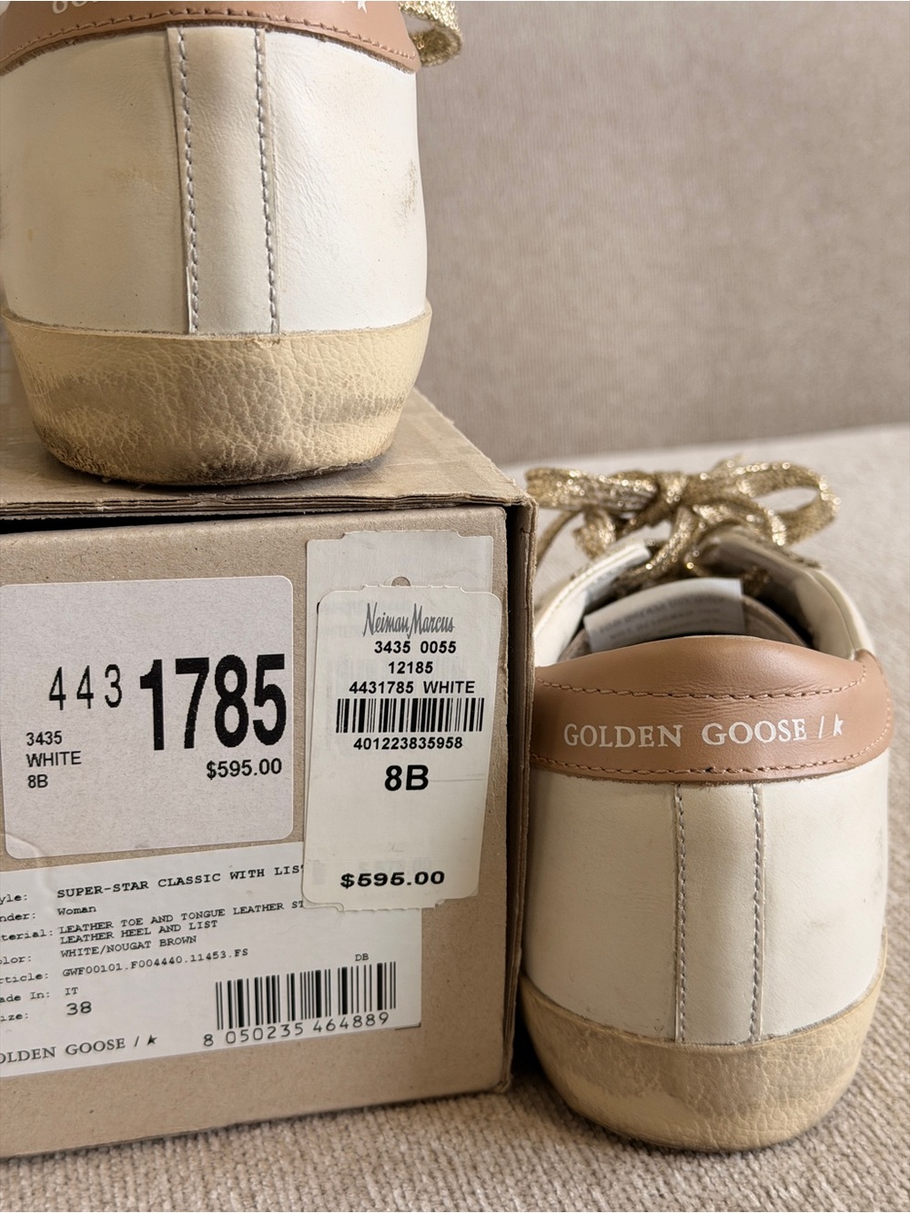 Golden Goose White Leather Sneakers with Gold Braided Laces and Blush Heel - Picture 3 of 9